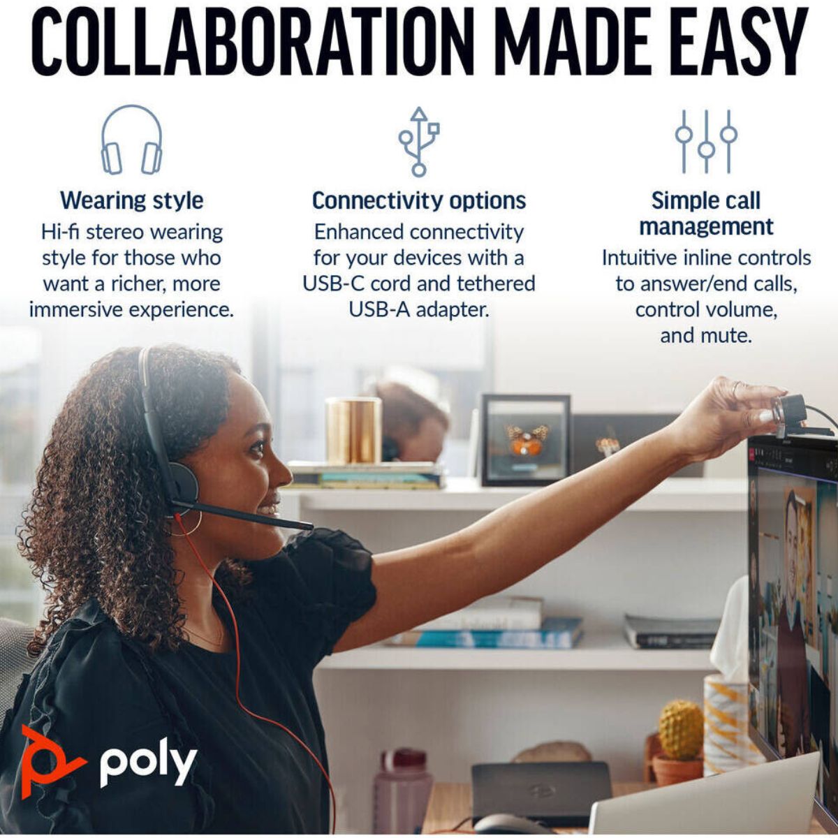 HP Poly Blackwire 3220 USB-C Headset with USB-C to USB-A Adapter, Noise-Canceling Microphone, Inline Call Controls, Hearing Protection, USB-C Connectivity, Black