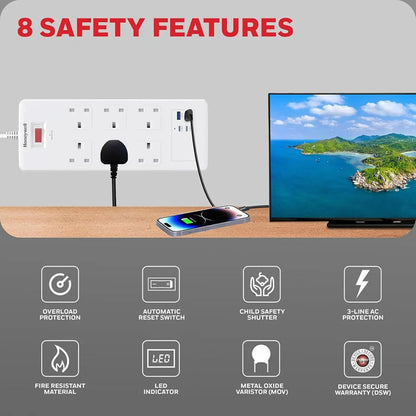Honeywell Surge Protector - 6 Universal Sockets, 2xPD 20W & 2xUSB, 1.8 Meter Cord, White