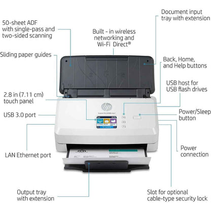 HP ScanJet Pro N4000 SNW1 Sheet Feed Scanner, Up to 600 dpi Scan Resolution, 50 Sheets Document Feeder Capacity, 4,000 Page Duty Cycle, Support Ehternet, WiFi & WiFi Direct, White | 6FW08A