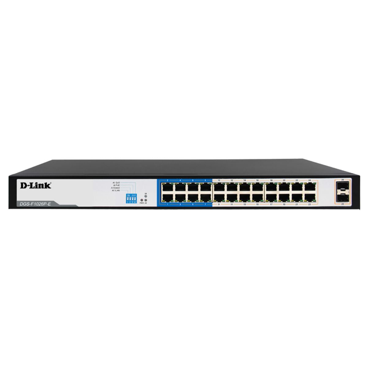 D-Link 250M 24-Port 1000Mbps PoE Switch, With 2 SFP Ports, IEEE 802.3af/at POE, 250W Total Power Budget, Plug and Play Installation | DGS-F1026P-E