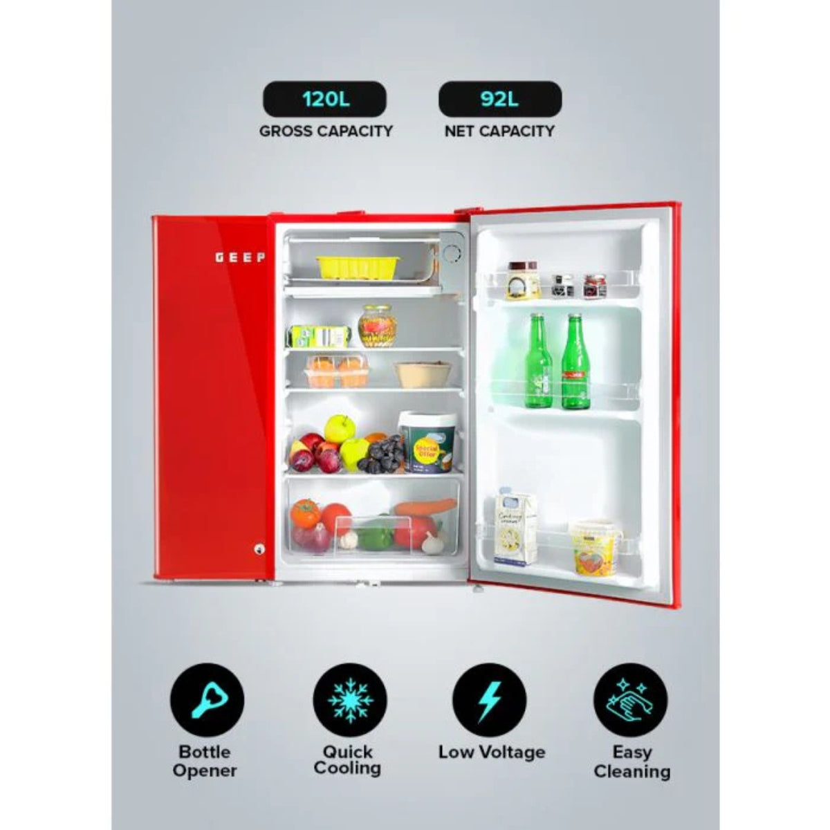 Geepas Single Door Mini Defrost Red Refrigerator GRF1202RXE, Mini Fridge, Retro Design, Low Noise, Low Voltage, Quick Cooling, Easy Cleaning