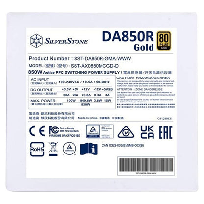 SilverStone DA850R Fully Modular Power Supply, 80 PLUS Gold, 850W ATX 3.0 & PCIe 5.0, Active PFC, Silent 120mm Fan, Advanced Protections, 12V-2x6 PCIe Connector, White