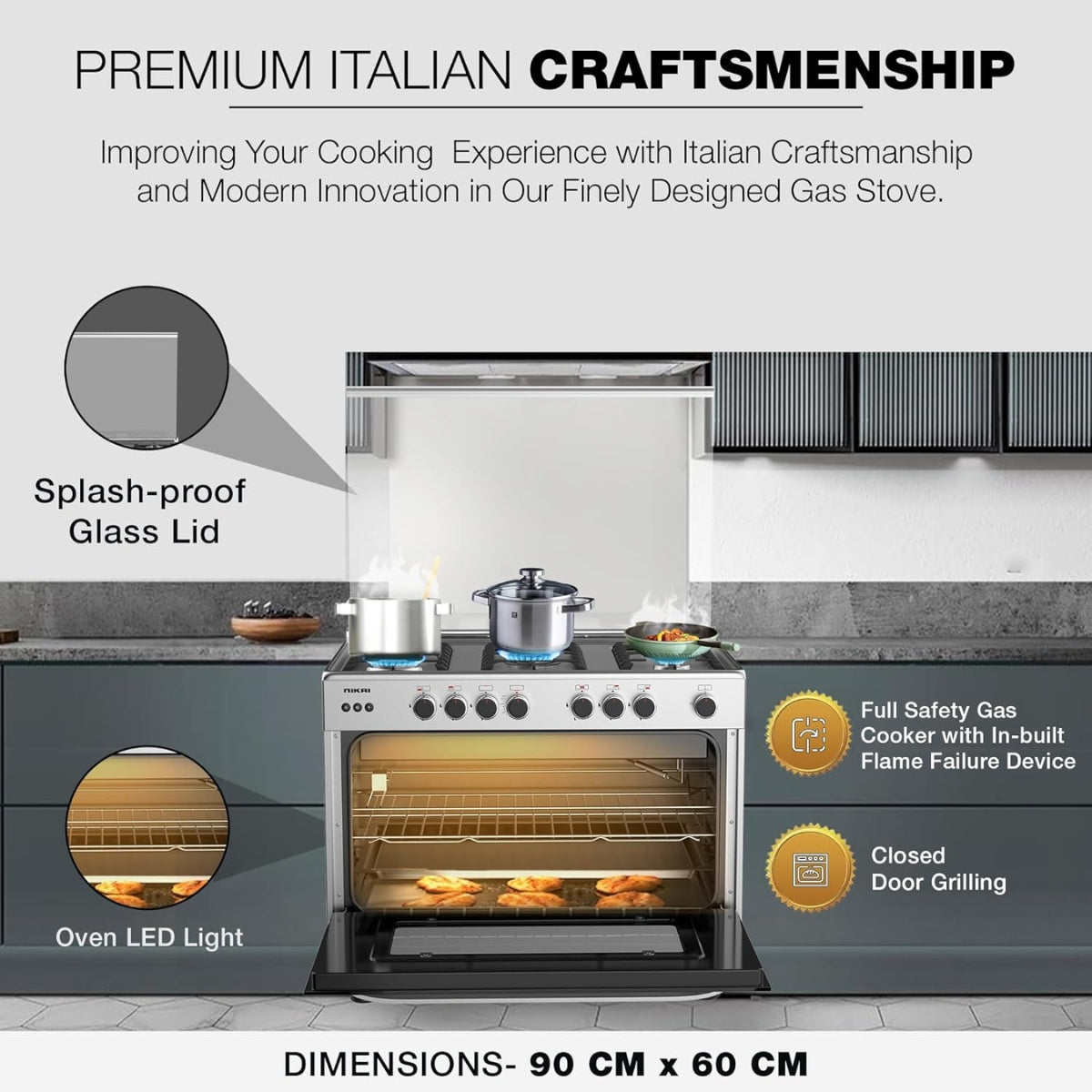 Nikai Free Standing Gas Cooker, Original Italian 5 Cup Burner, Full Auto Ignition, Original Italian Grill Burners, Double Glass Oven Door, Top And Glass Lid, Silver | U6090EG