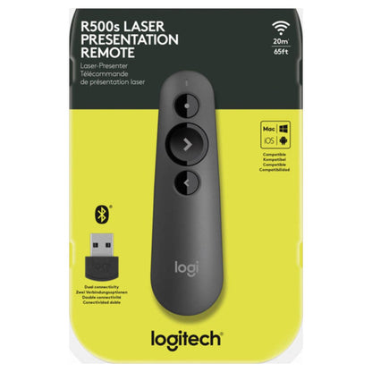 Logitech R500s Laser Presentation Remote | Bluetooth &amp; 2.4GHz Wireless | 20m Range | Integrated Laser Pointer | Graphite | 910-005843