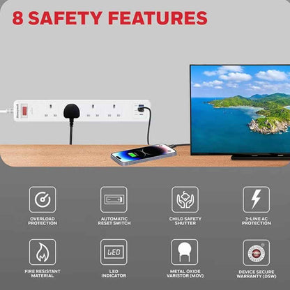 Honeywell Surge Protector - 4 Universal Sockets, 1xPD 20W & 2xUSB, 1.8 Meter Cord, White