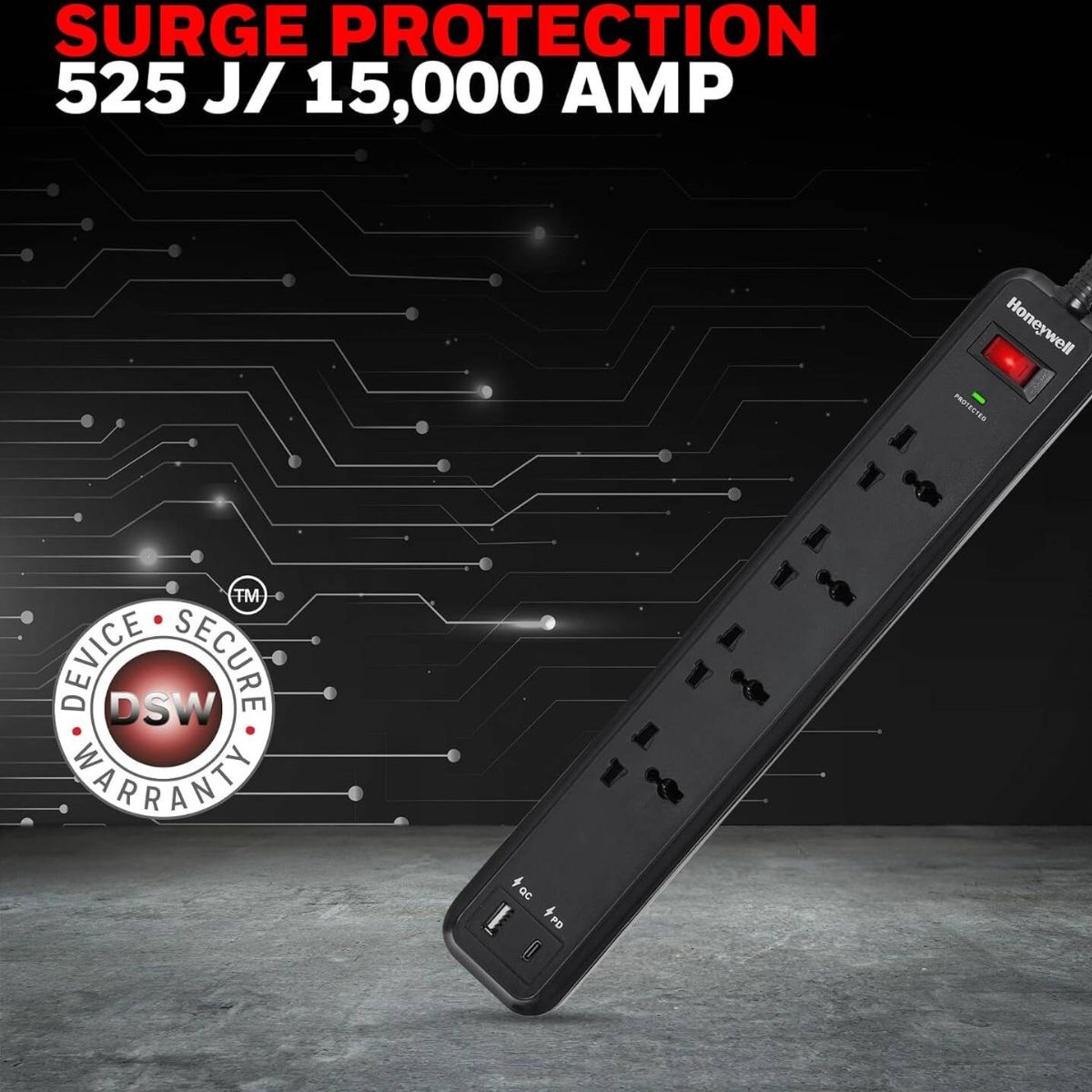 Honeywell Surge Protector, 4 Universal Sockets, 1× USB &amp; 1× PD 18W USB-C Port, 2 Meter Cable, Black | HC000022/SRG/2M/BLK/4/USB/PD18W/UK (Without Box)