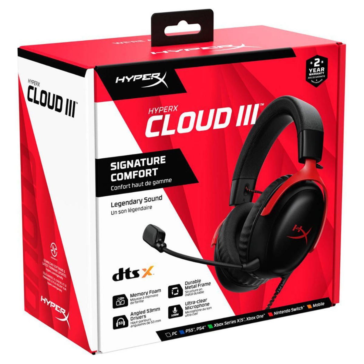 HyperX Cloud III Wired Gaming Headset, 53mm Drivers, DTS Spatial Audio, Noise-Cancelling Mic, Multi-Platform, Black/Red