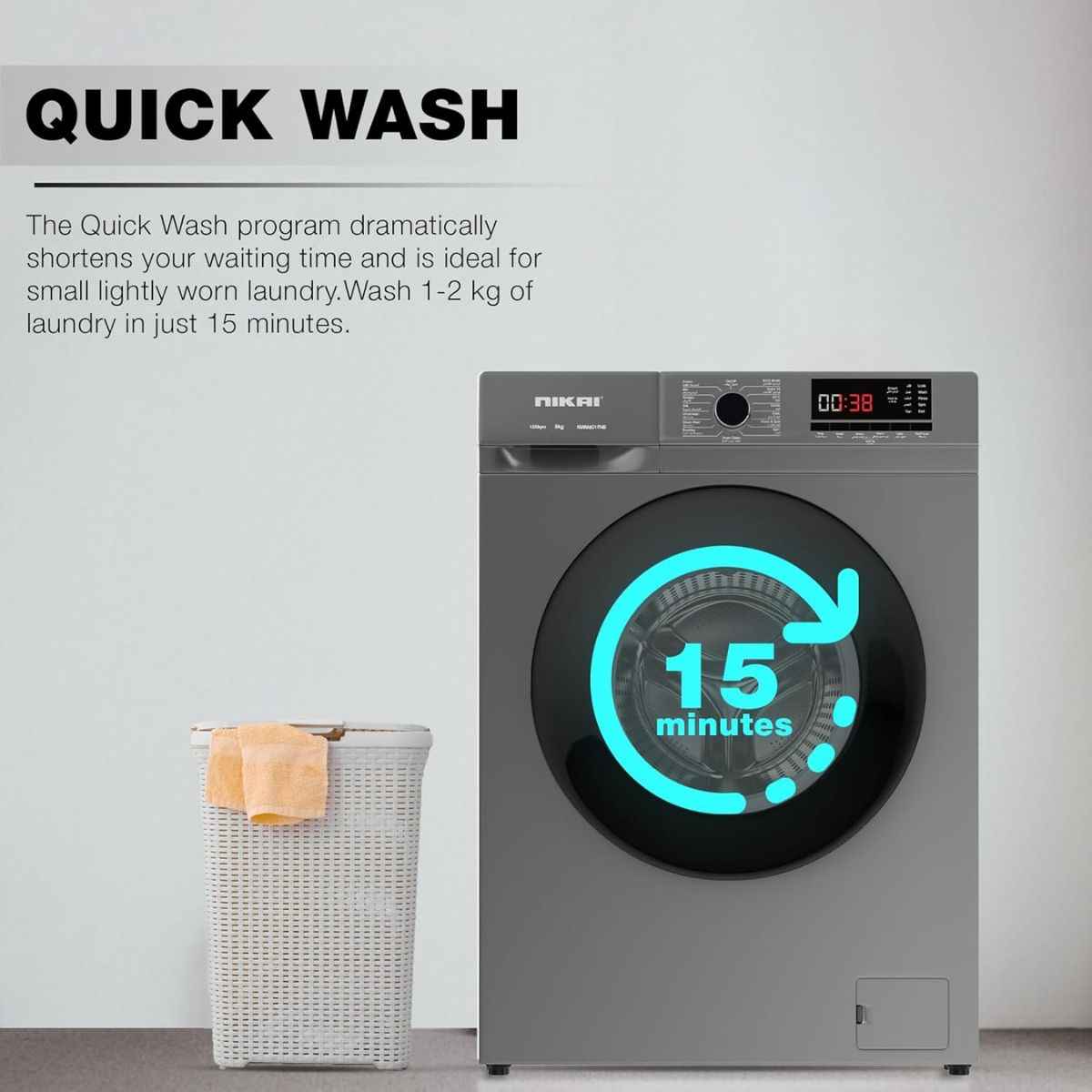 Nikai NWM801FN9S 8KG Front Load Washing Machine – 1200 RPM, 16 Programs, BLDC Inverter Motor, Steam Wash, Silver