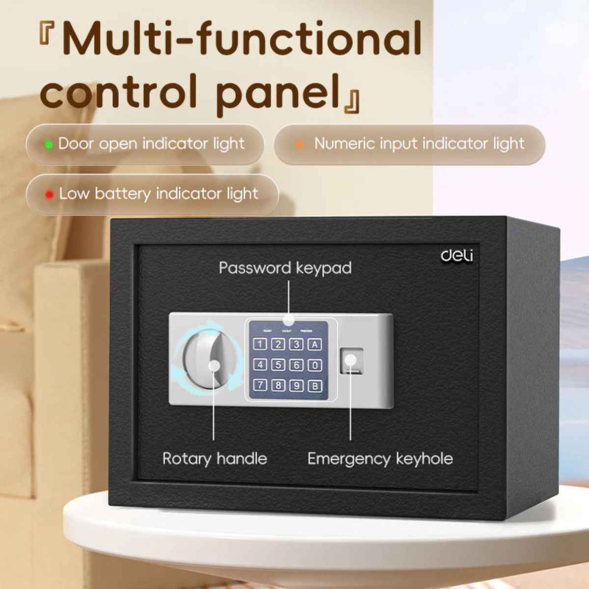 Deli T522 Fireproof Safe, Digital Safe Box with Key T521 Full Metal Body 5.9kg (25x35x25cm) Black