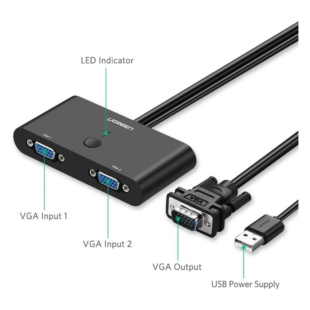 UGREEN VGA 2-in-1-Out Switch 2-Port Audio Video Switcher | 1920×1080 @ 60Hz | Manual Switch Button | Black | 30711