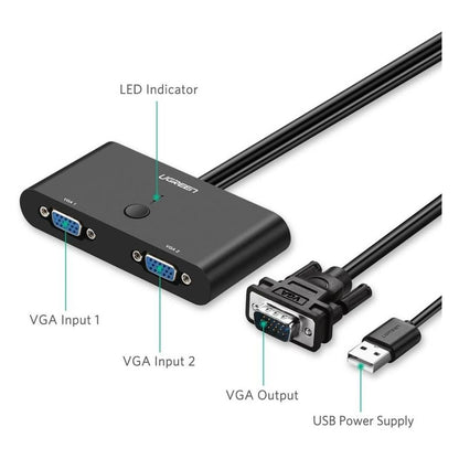 UGREEN VGA 2-in-1-Out Switch 2-Port Audio Video Switcher | 1920×1080 @ 60Hz | Manual Switch Button | Black | 30711