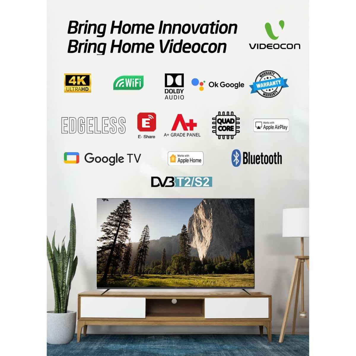 Videocon 50″ 4K UHD Google Smart TV – Edgeless Design, Dolby Audio &amp; Chromecast Built-in