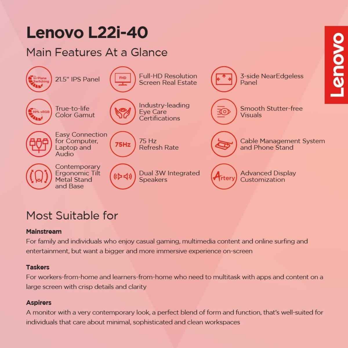 Lenovo FHD IPS Display Monitor, 21.5", 75Hz Refresh Rate, 4ms (Extreme Mode) Response Time, AMD FreeSync Technology, 16.7m Color Support, 16 9 Aspect Ratio, Cloud Grey