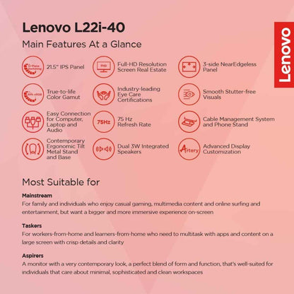 Lenovo FHD IPS Display Monitor, 21.5", 75Hz Refresh Rate, 4ms (Extreme Mode) Response Time, AMD FreeSync Technology, 16.7m Color Support, 16 9 Aspect Ratio, Cloud Grey