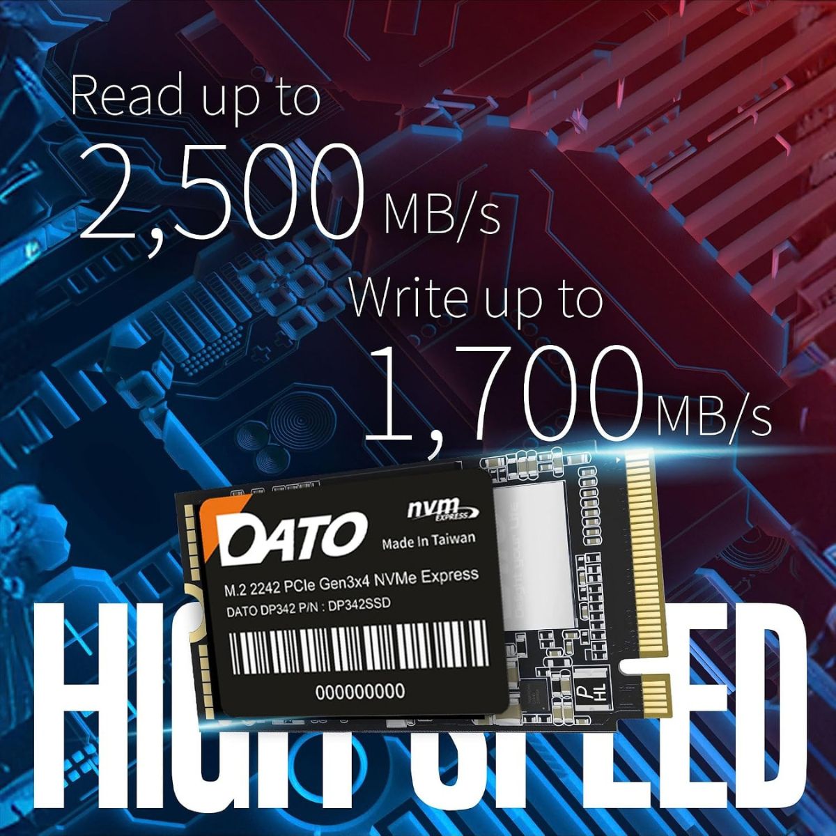 DATO DP342 512GB M.2 2242 NVMe SSD | PCIe Gen3 x4 | Up to 2500MB/s Read | 1700MB/s Write