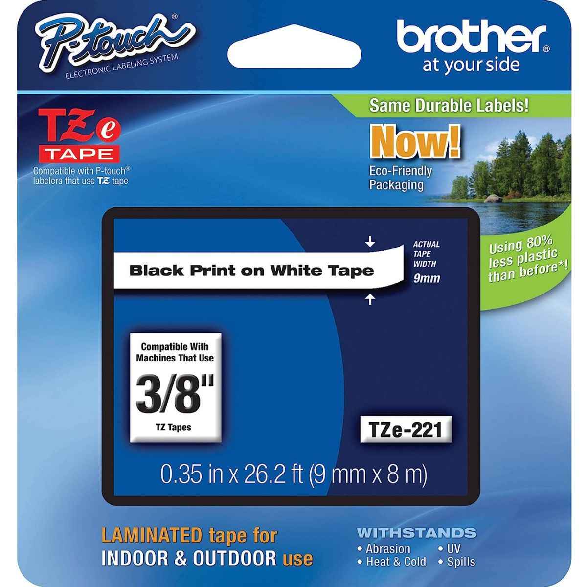 Brother TZe-221 Laminated Tape for P-Touch Labelers, 8m x 9mm, Black on White