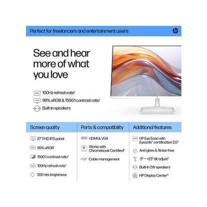 HP Series 5 Monitor, 27" FHD IPS Display, 100Hz Refresh Rate, 5ms (GtG W/ Overdrive) Response Time, 2x 2W Speaker, Tilt Adjustable, 3-Sided Micro-Edge Bezel, White/Silver