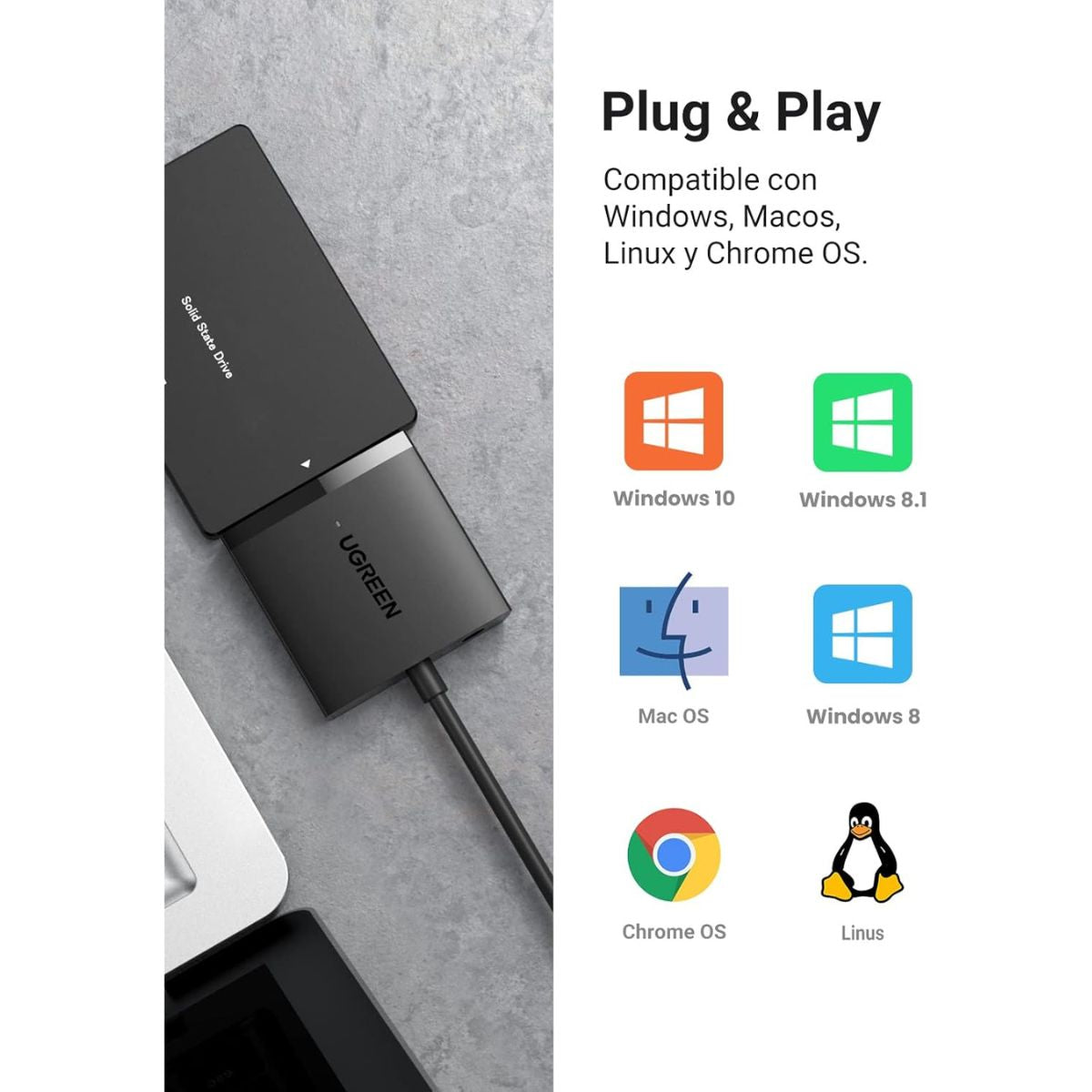 UGREEN USB 3.0 to SATA Hard Drive Adapter, 5Gbps Data Transfer Rate, Supports SSD/HDD up to 12TB, Wide Compatibility, Black | 60561