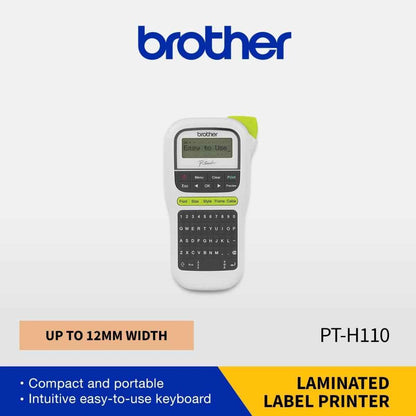 Brother PT-H110 Handheld Label Printer with Graphical Display, Up to 120mm TZe Tape, 20mm / sec Print Speed, ENG, ARB, Farsi QWERTY K/B, 3 Fonts & 250 Symbols, One-Touch Keys, ‎Black-White | PTH110
