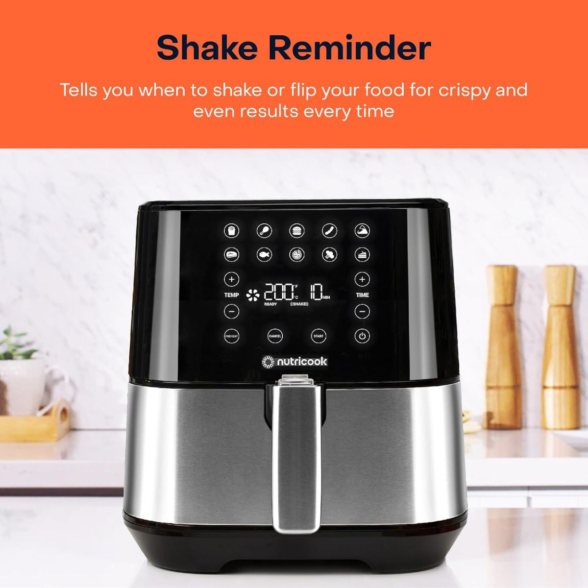 Nutricook Air Fryer 2, 1500 Watts, Digital Control Panel Display, 10 Preset Programs With Built-In Preheat Function, 3.6 Liters, BrUSh Stainless Steel/Black