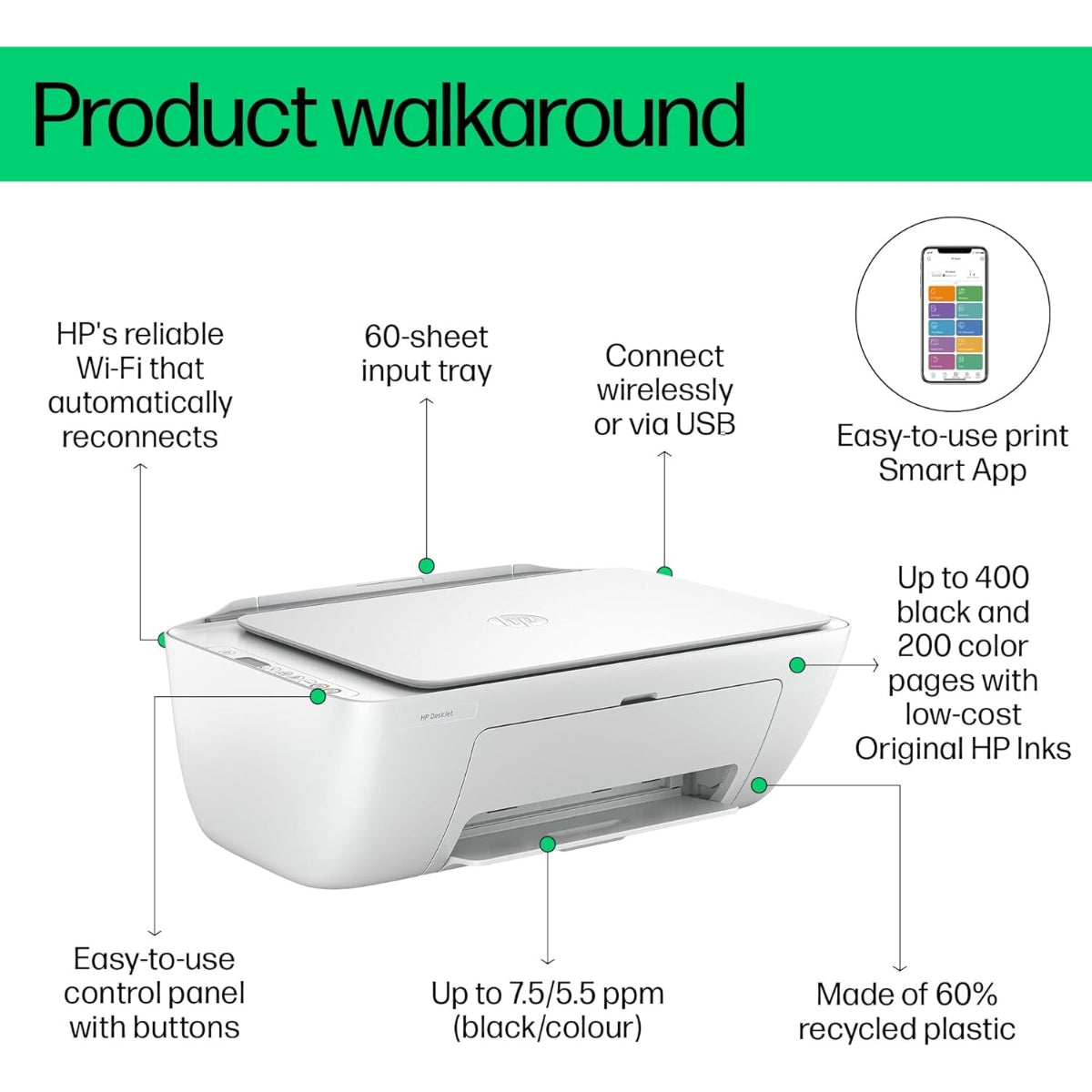 HP DeskJet Ink Advantage 2875 AIO Printer, Print, Copy, Scan, Up to 7.5ppm Print Speed, 1200 x 1200 DPI Print Resolution, Contact Image Sensor Scan Technology, White | 60K47C