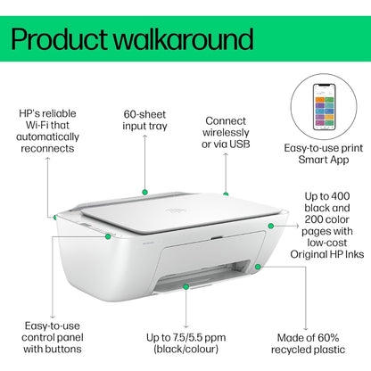 HP DeskJet Ink Advantage 2875 AIO Printer, Print, Copy, Scan, Up to 7.5ppm Print Speed, 1200 x 1200 DPI Print Resolution, Contact Image Sensor Scan Technology, White | 60K47C