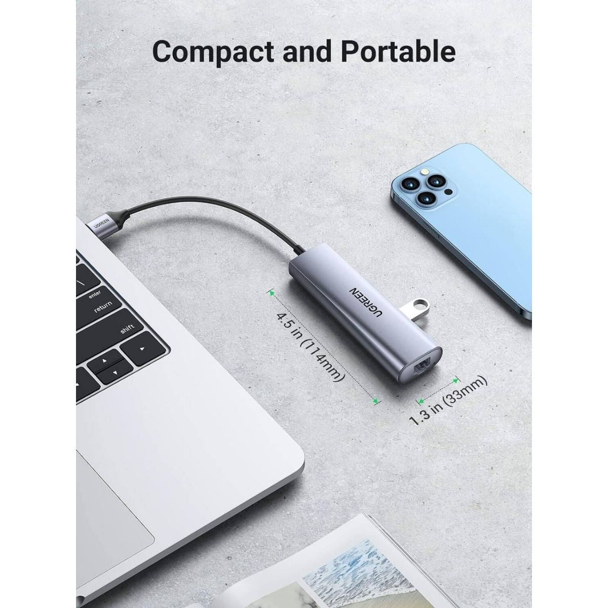 UGREEN 60812 5-in-1 USB 3.0 Hub | 3x USB-A 3.0 + Micro USB + Gigabit Ethernet | 5Gbps | 20cm Cable | Gray