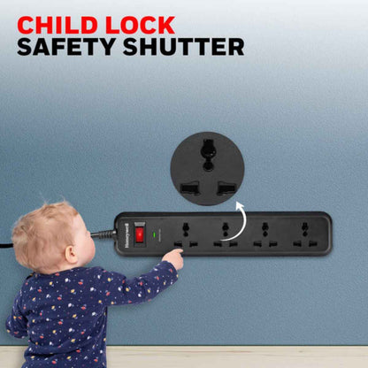 Honeywell Surge Protector/Spike Guard/Power Extension/Power Strip,4 Universal Sockets, 15000Amp, 2 Mtr, Device Secure Warranty, Automatic Overload Protection | HC000013/SRG/2M/BLK/4/UK