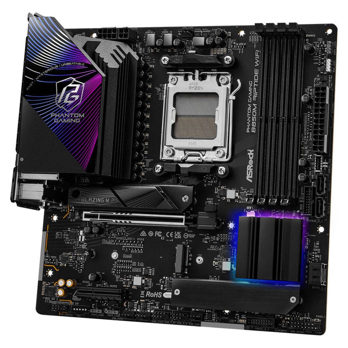 ASRock B850M Riptide WiFi AM5 ATX Motherboard, AMD B850 Chipset, 4x DDR5 DIMM Slots, 256GB Max Memory, 1x PCIe 5.0 x16 Slot, 3x M.2 Slots, Black | 90-MXBS30-A0UAYZ