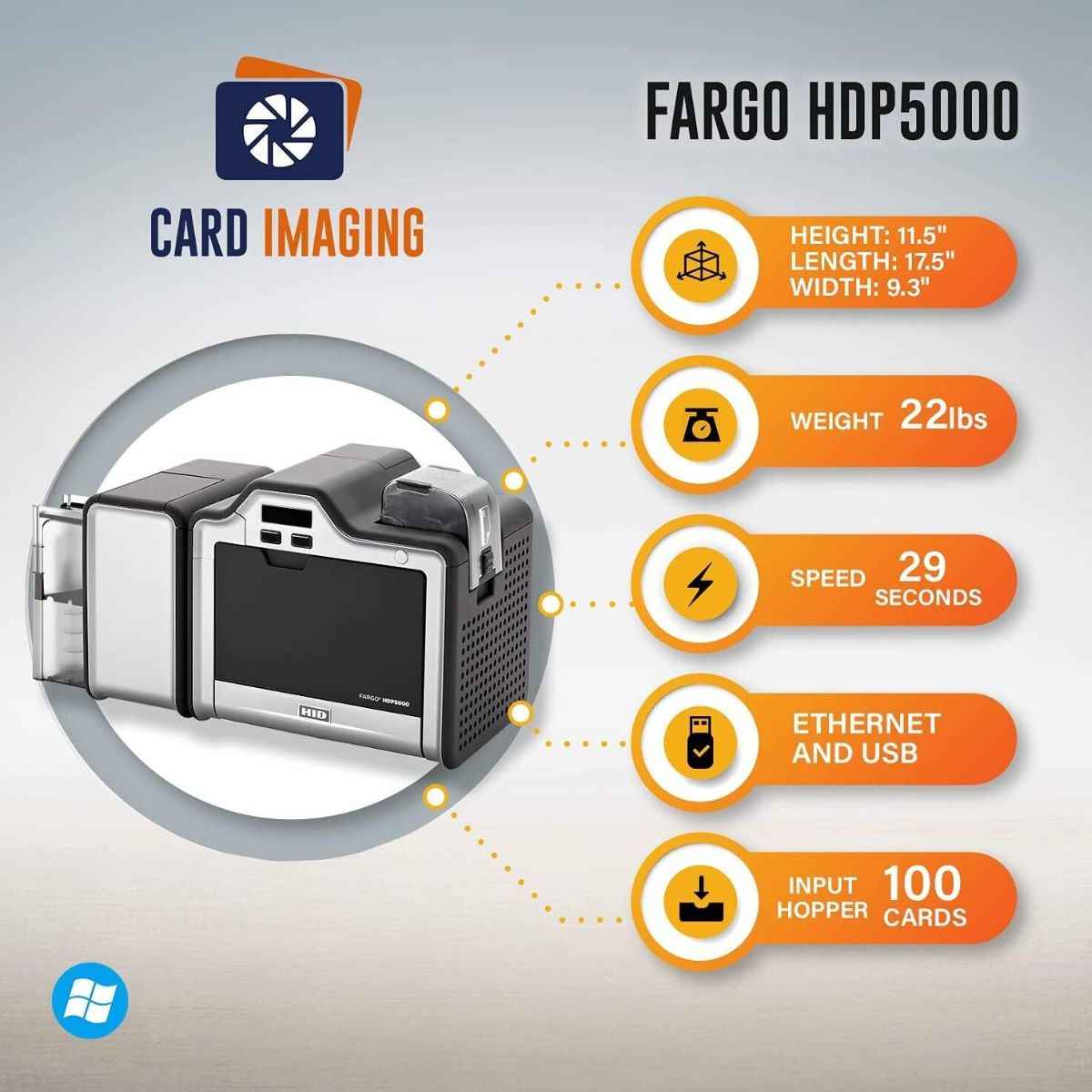 HID Card Imaging Fargo HDP5000 Dual Side High Definition ID Card Printer & Supplies Bundle Software,YMCK Ribbon (500 Images), HDP Film (1500 Images) | 89640