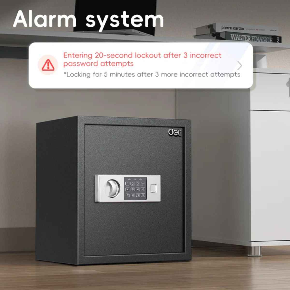Deli T524 Fireproof Safe, Digital Safe Box with Key T524 Full Metal Body 10.6kg (40x35x33cm) Black