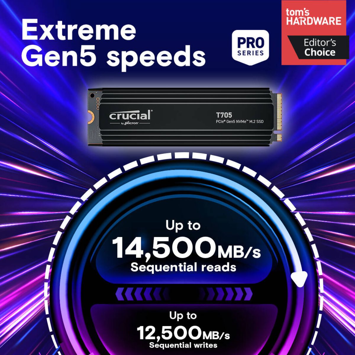 Crucial T705 NVMe SSD with Heatsink | Up to 4TB Capacity | PCIe Gen5 x4 | M.2 2280 | Up to 14,100 MB/s Read &amp; 12,600 MB/s Write | 2400 TBW | Black