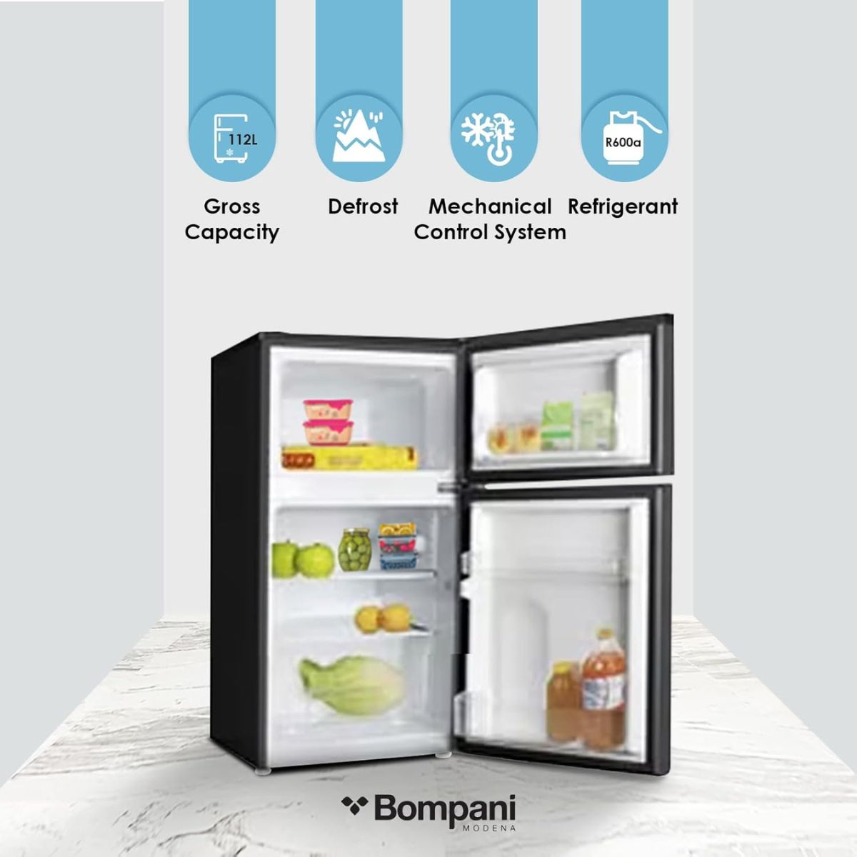 Bompani BR100SS Refrigerator – 100L Top Mount Double Door, Smart Sensor, Black