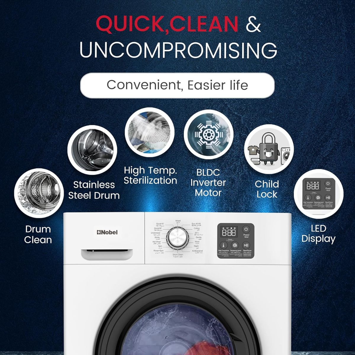 Nobel NWM775 6 Kg Inverter Front Load Fully Automatic Washing Machine – 16 Wash Programs, Child Lock, High-Temp Sterilization, Delay Start, LED Display