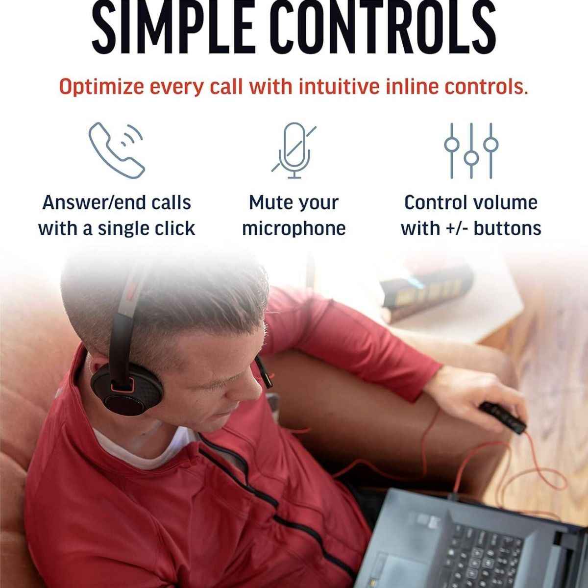 HP Poly Blackwire 5220 Stereo USB-A Headset, Dual Ear (Stereo) Computer Headset with Boom Mic - USB-A, 3.5 mm to connect to your PC, Mac, Tablet and/or Cell Phone