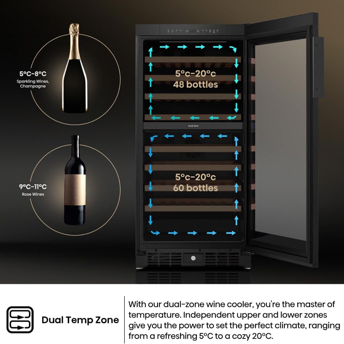 Hisense RW3N230GALF Wine Cooler, 108 Bottle Capacity, Dual Temperature Zone, Low Noise Operation, Reversible Door, Black