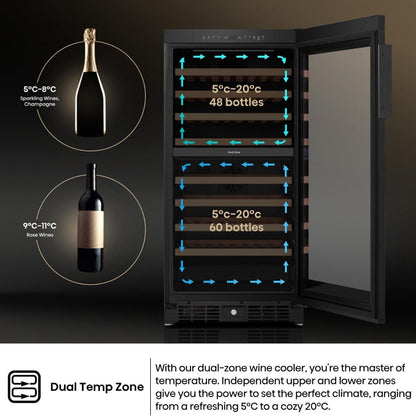 Hisense RW3N230GALF Wine Cooler, 108 Bottle Capacity, Dual Temperature Zone, Low Noise Operation, Reversible Door, Black