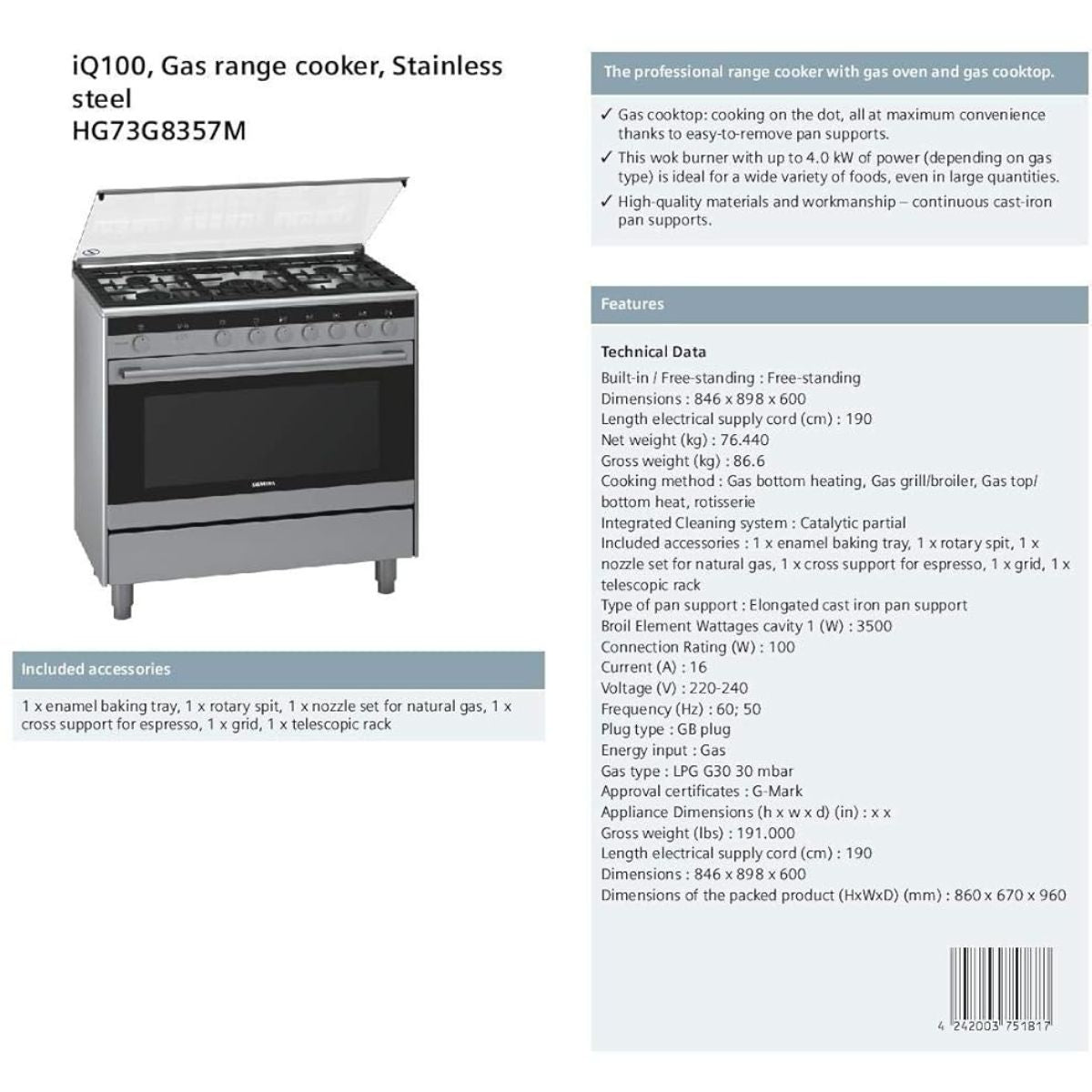 Siemens iQ100 Range Cooker 112L – Silver Drawer type-Broiler & Storage | HG73G8357M