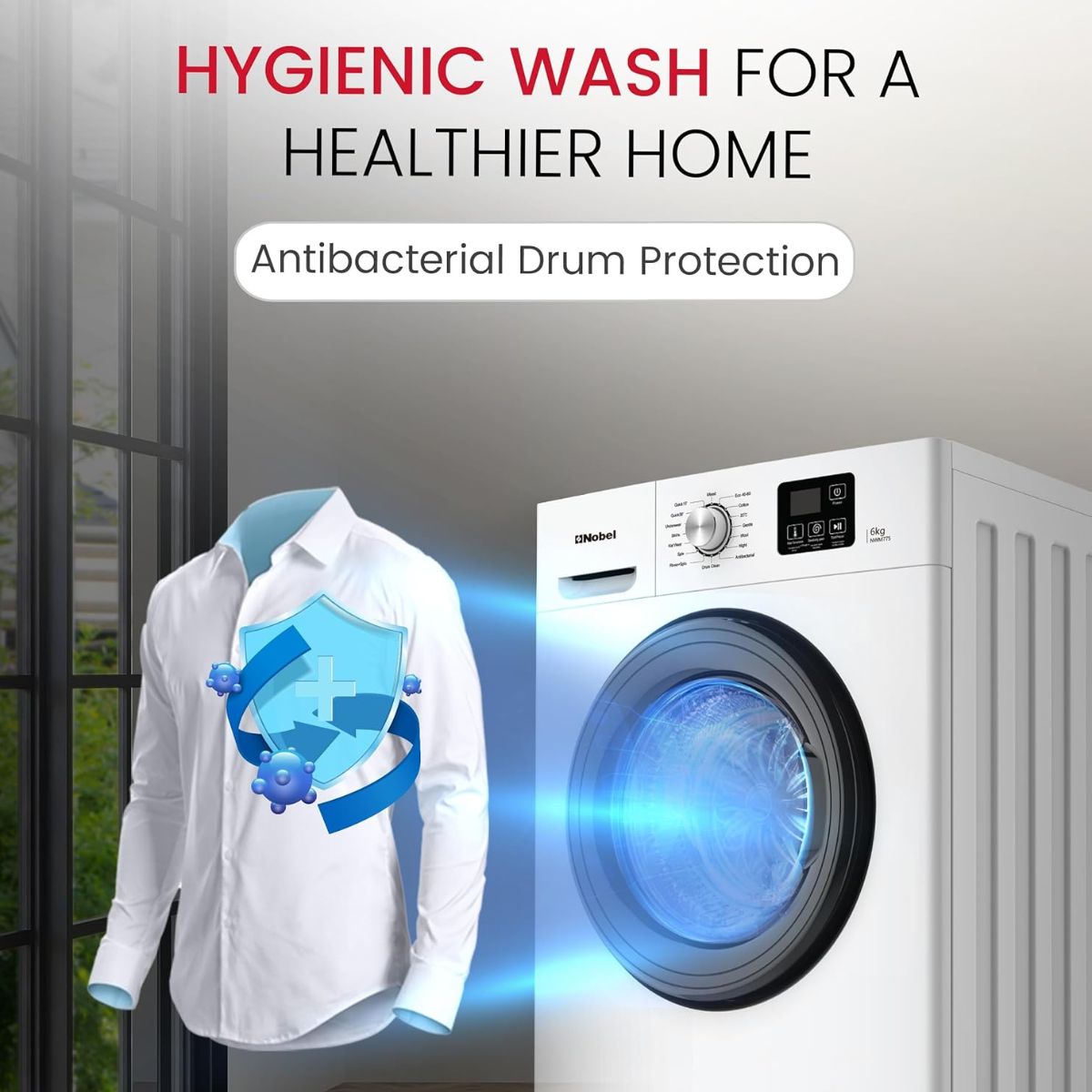 Nobel NWM775 6 Kg Inverter Front Load Fully Automatic Washing Machine – 16 Wash Programs, Child Lock, High-Temp Sterilization, Delay Start, LED Display