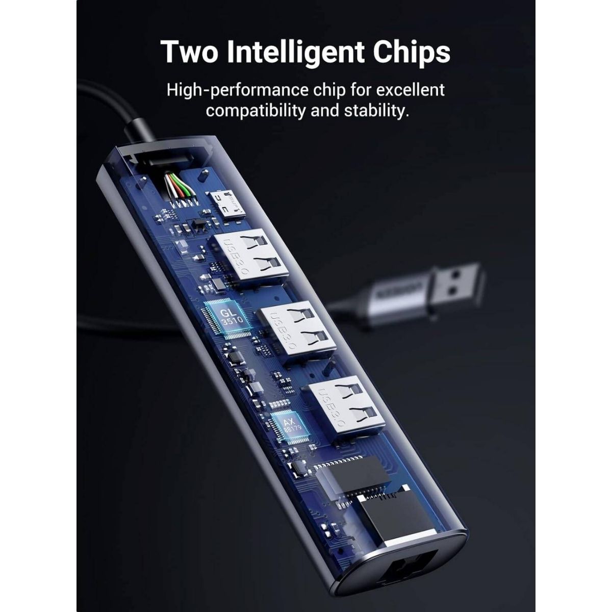 UGREEN 60812 5-in-1 USB 3.0 Hub | 3x USB-A 3.0 + Micro USB + Gigabit Ethernet | 5Gbps | 20cm Cable | Gray