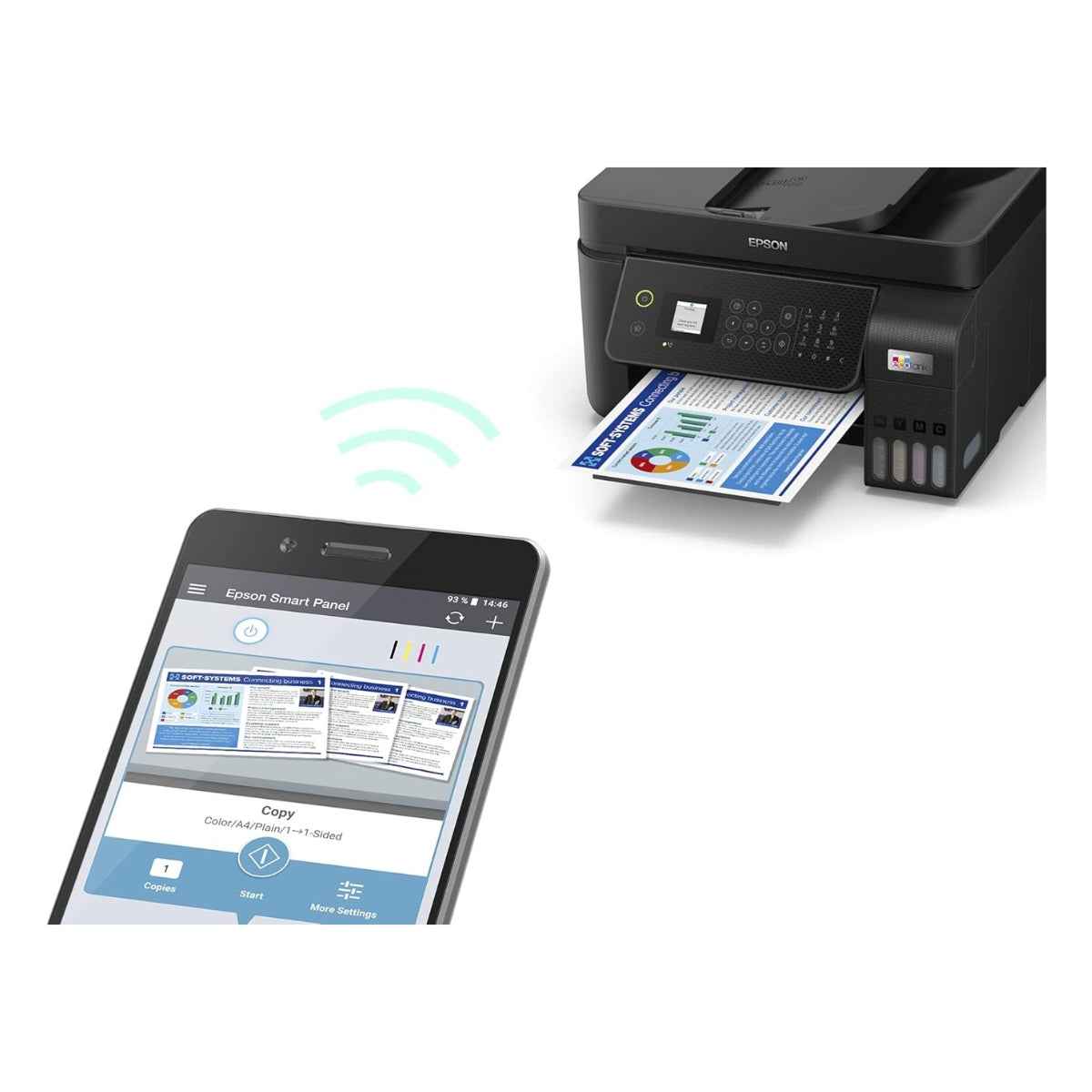 Epson EcoTank L5290 A4 Wi-Fi AIO Ink Tank Printer with ADF, Print, Scan, Copy, Fax, 5760 x 1440 dpi, 33ppm Printing Speed, LCD Screen, 100-Page Fax Storage Memory, Smart Panel, Black | C11CJ65409