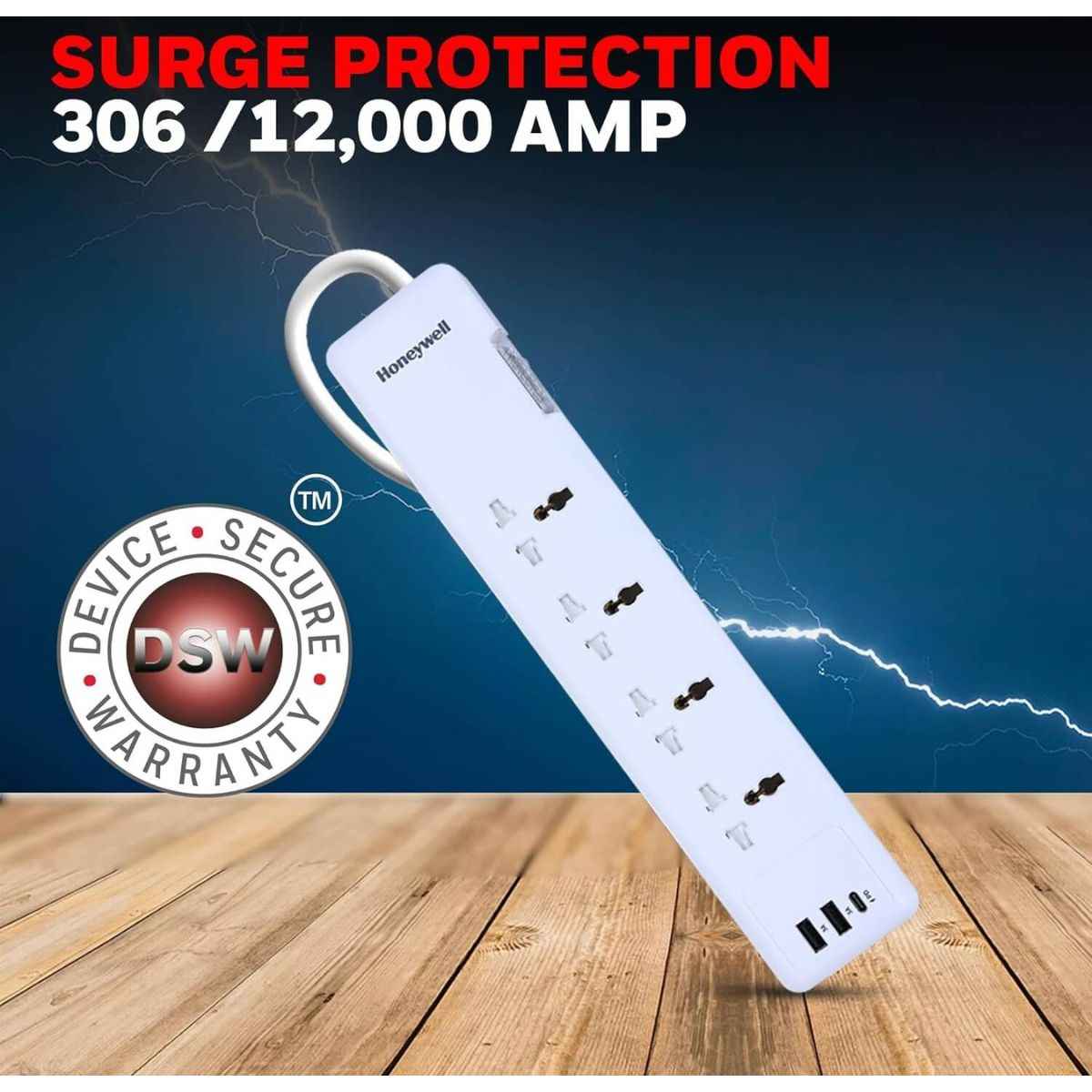Honeywell Surge Protector - 4 Universal Sockets, 1xPD 20W & 2xUSB, 1.5 Meter Cord, White