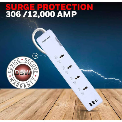 Honeywell Surge Protector - 4 Universal Sockets, 1xPD 20W & 2xUSB, 1.5 Meter Cord, White