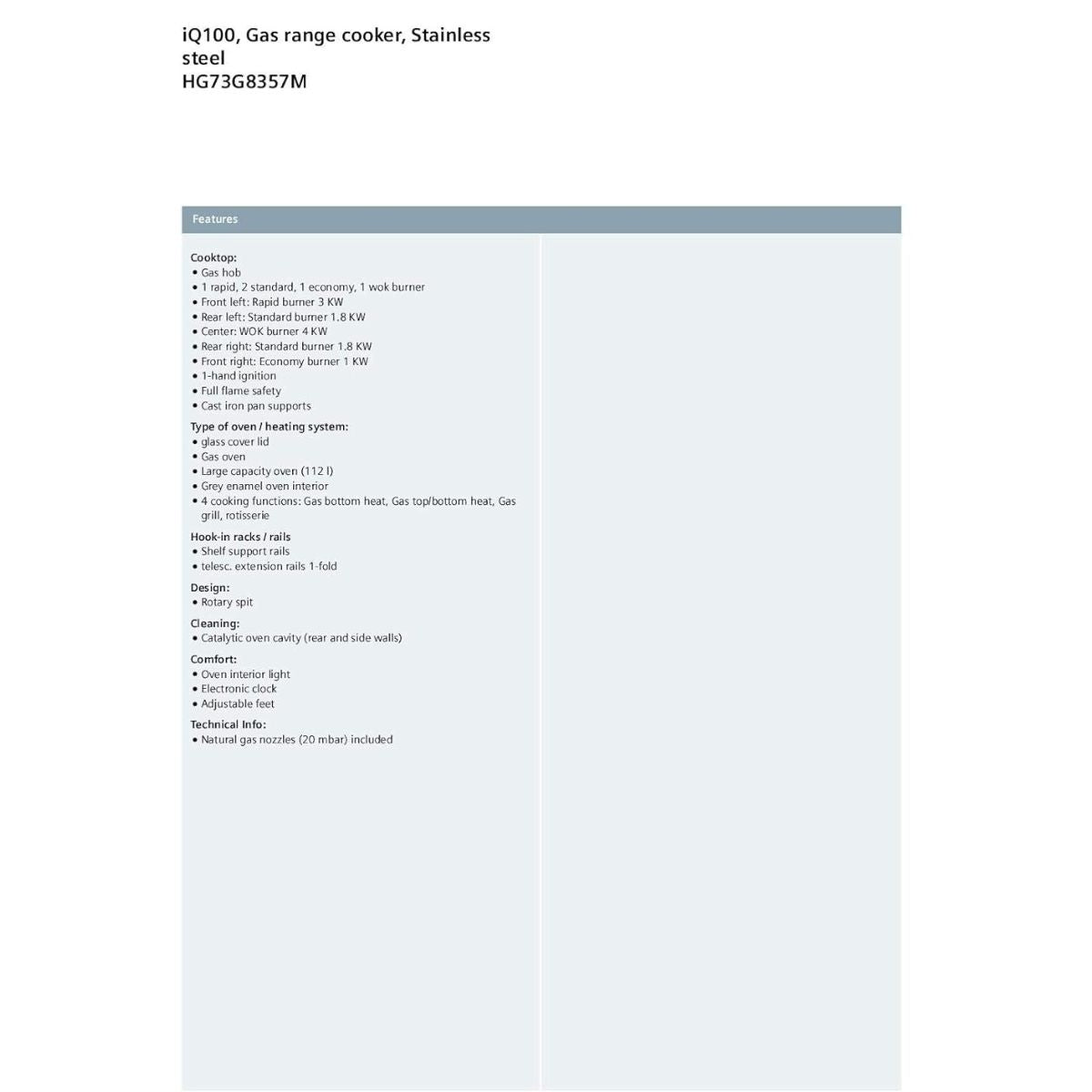 Siemens iQ100 Range Cooker 112L – Silver Drawer type-Broiler & Storage | HG73G8357M