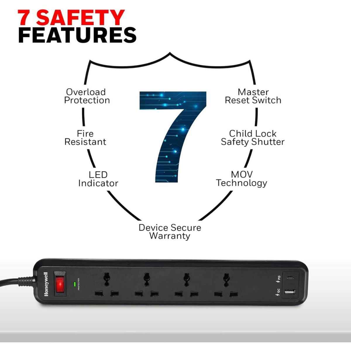 Honeywell Surge Protector - 4 Universal Sockets, 1xPD 18W & 1xUSB, 2 Meter Cord, Black