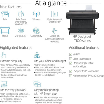 HP DesignJet T630 24" Large Format Plotter, 22 x 34" Print Speed 30 Seconds, 2400 x 1200 dpi, USB 2.0, RJ45, Ethernet & Wi-Fi Thermal Inkjet Printer | 5HB09A