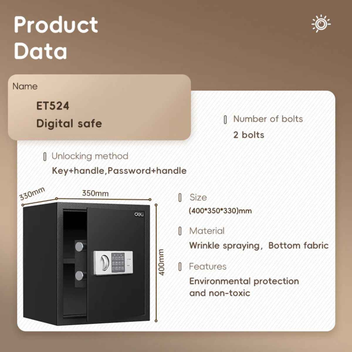 Deli T524 Fireproof Safe, Digital Safe Box with Key T524 Full Metal Body 10.6kg (40x35x33cm) Black