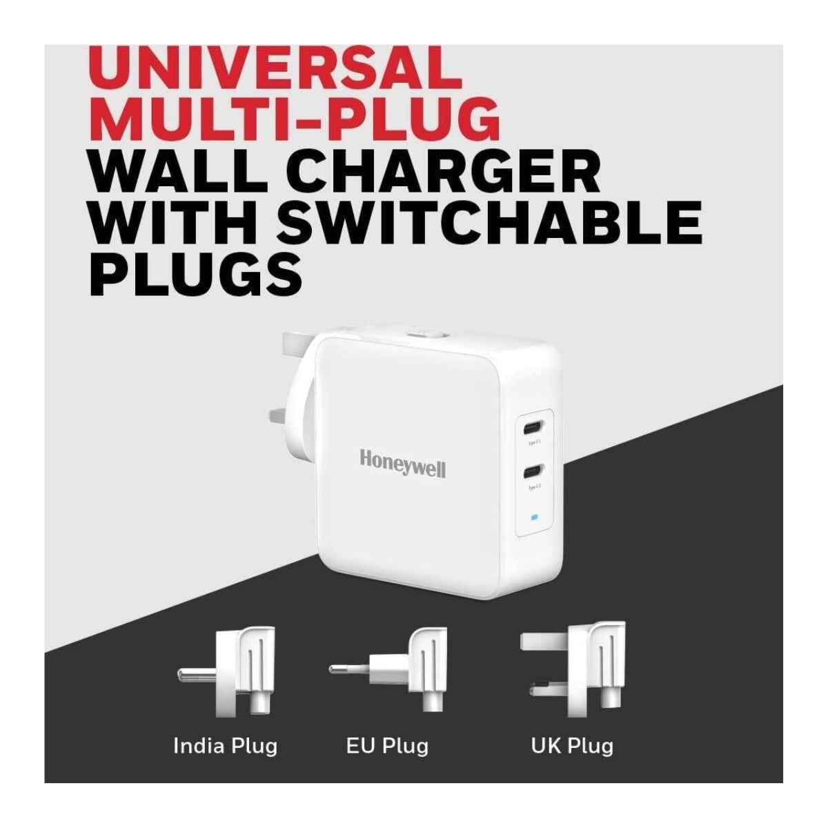 Honeywell Zest Charger GaN 65W, 2xType C PD 3.0 Ports,Equipped with Switchable Plugs,Ultra-Fast Charging Compatible with iPhone,MacBook Air,iPad Pro,Pixel,Galaxy,Laptops