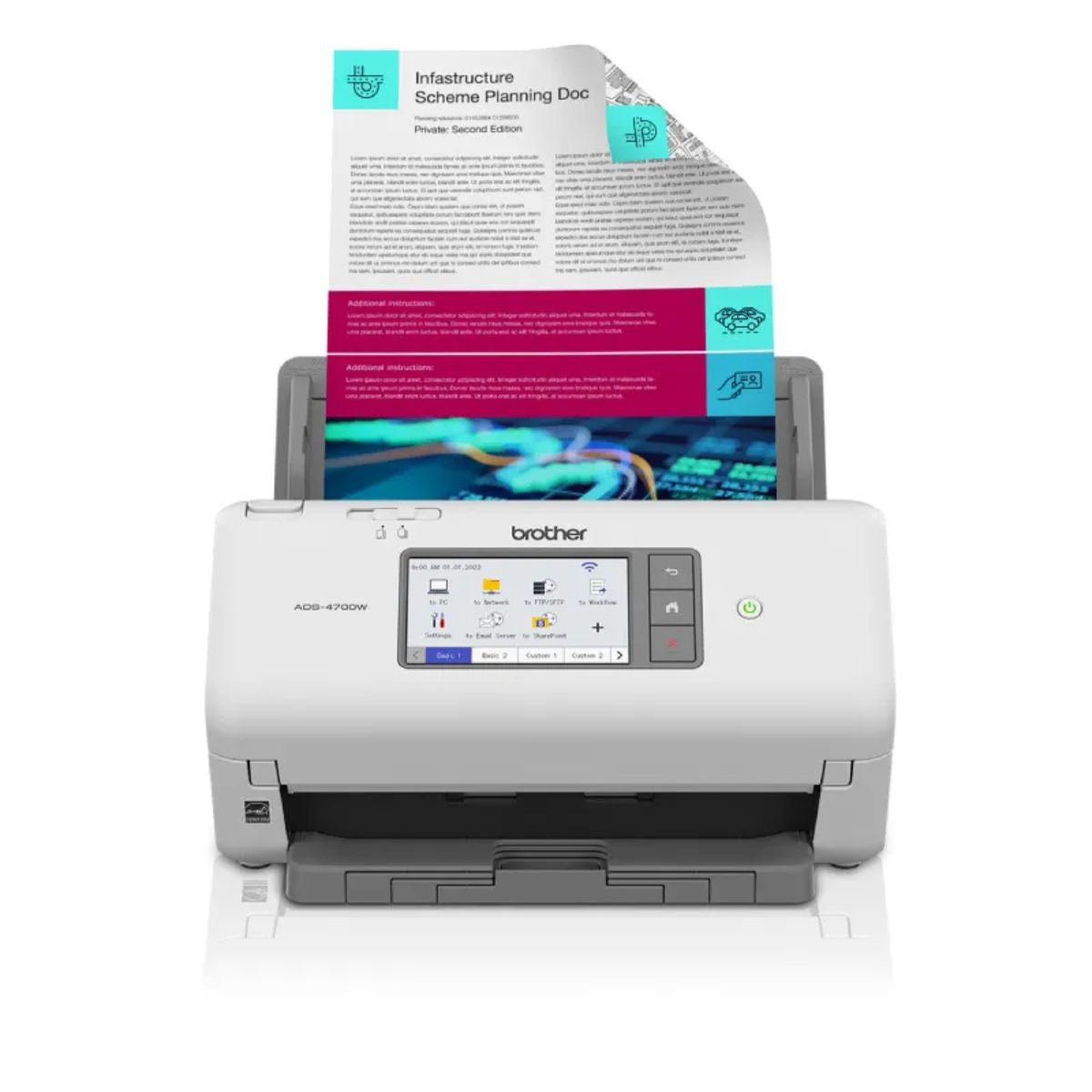 Brother ADS-4700W Professional Wireless Desktop Scanner, 40ppm Simplex/80ipm Duplex Scanning, 600x600dpi Resolution, 4.3" Touchscreen, 80-Page ADF, USB/Wi-Fi & Ethernet, White | 5WDE0800173