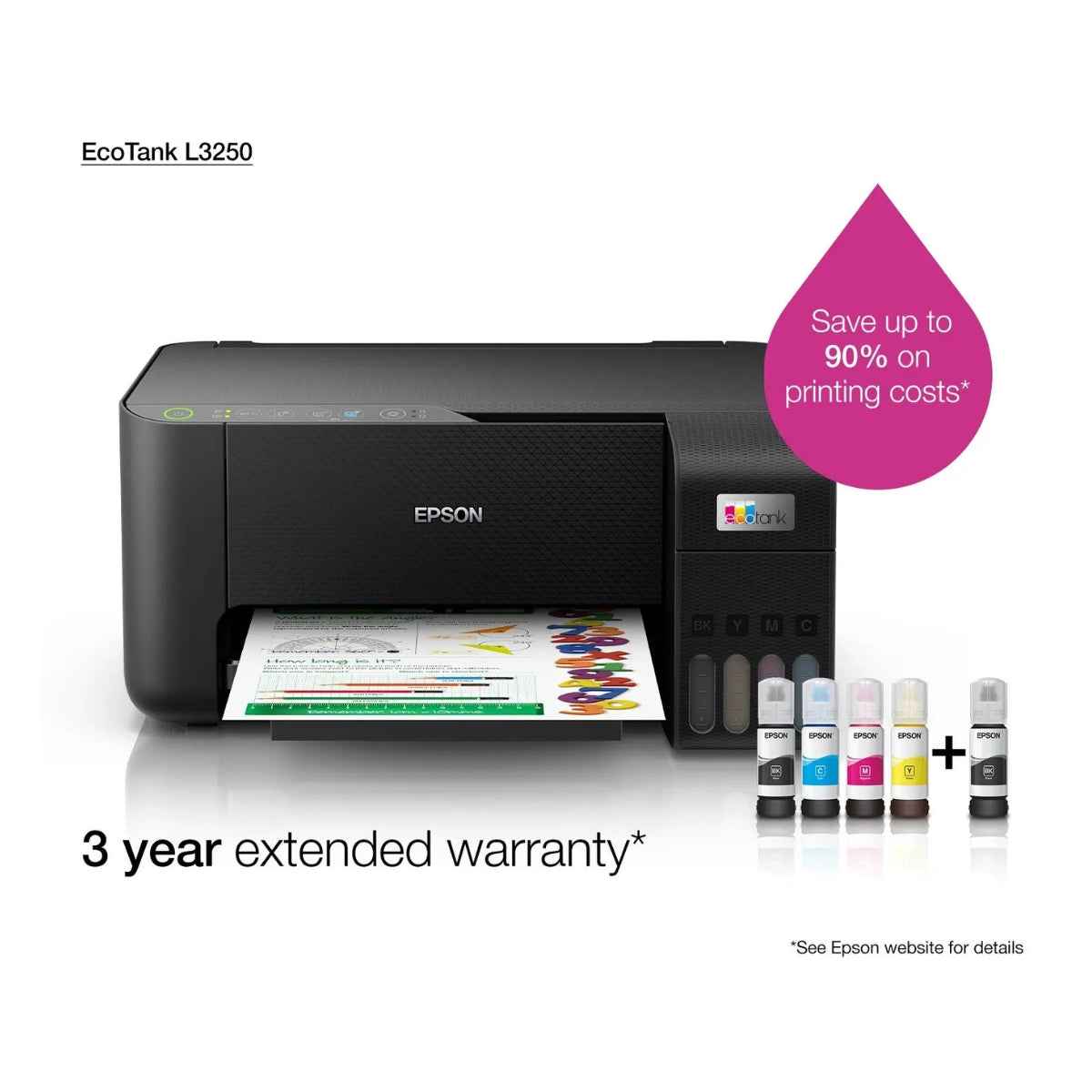 EPSON EcoTank L3250 A4 Color 3-in-1 Printer, With Wi-fi Direct, 5760 x 1440 DPI Resolution, 33ppm Print Speed, 30 Sheets Output Tray, 100 Sheets Paper Tray, Black- C11CJ67418